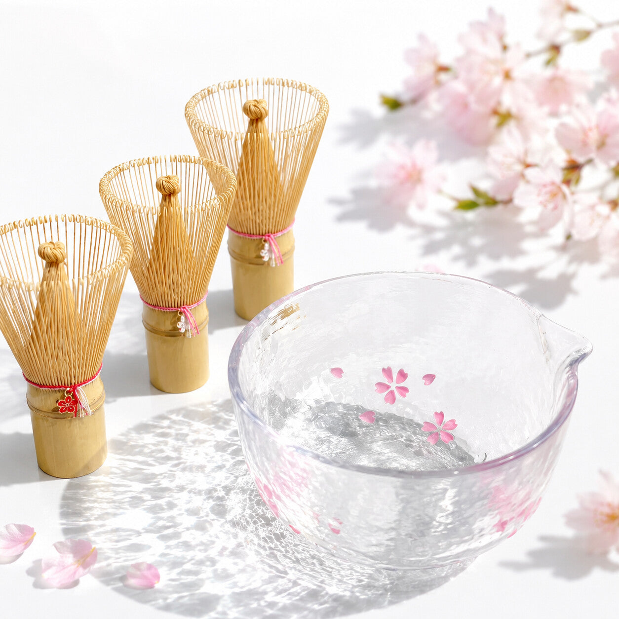 Glass Kataguchi Matcha Bowl – Cherry Blossom Design